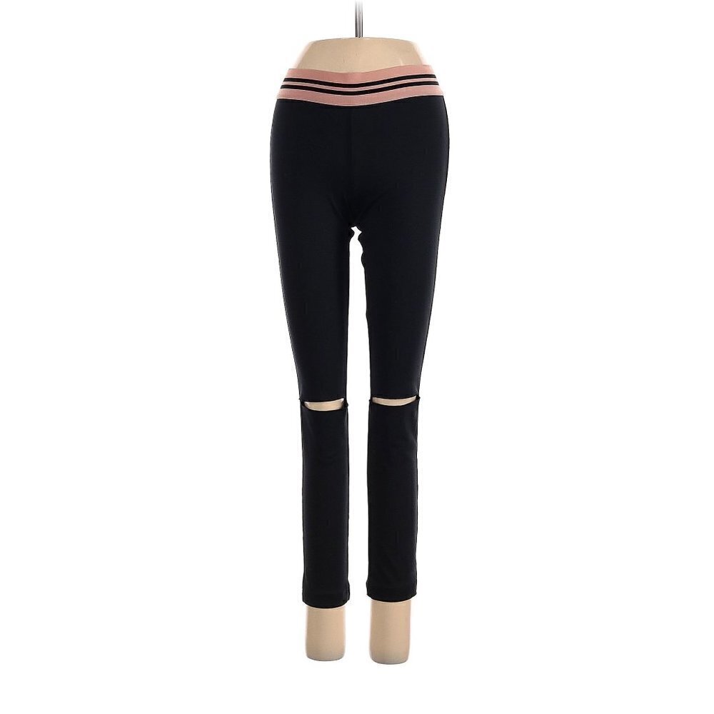 OLYMPIA Ajax Black & Pink Striped Leggings Distressed Cut Outs Mid-Rise Size SP